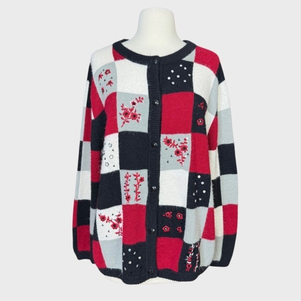 Vtg‎ 90's women XL Patchwork style cardigan black white red embroidered beaded